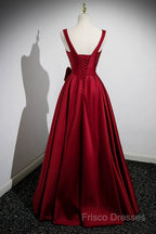 Burgundy Satin Long Formal Prom Dress With Flowers, Elegant A-Line Party Dress