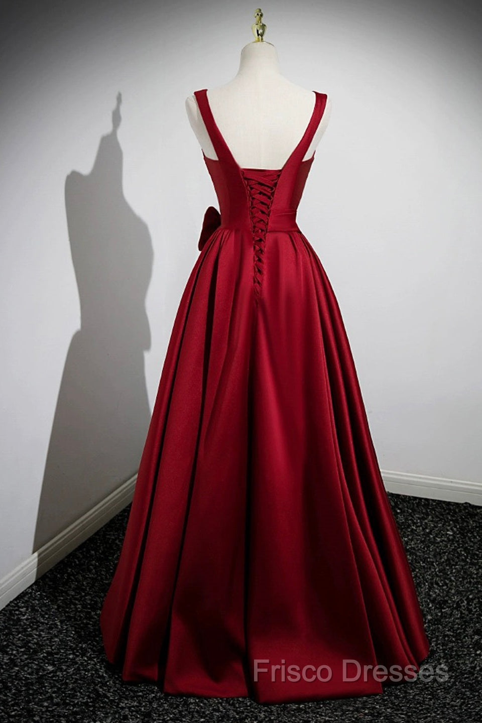 Burgundy Satin Long Formal Prom Dress With Flowers, Elegant A-Line Party Dress