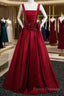 Burgundy Satin Long Formal Prom Dress With Flowers, Elegant A-Line Party Dress