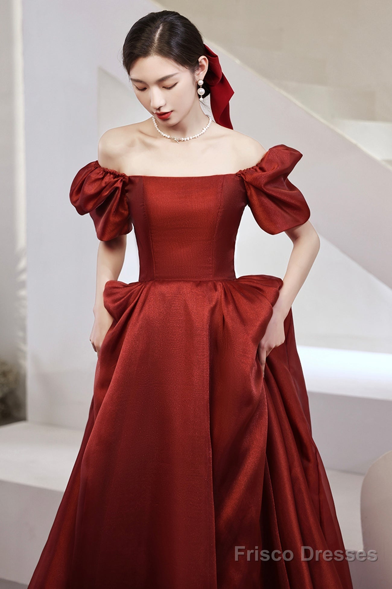 Burgundy Satin Long Prom Dresses, A-Line Short Sleeve Evening Dresses Secondary image