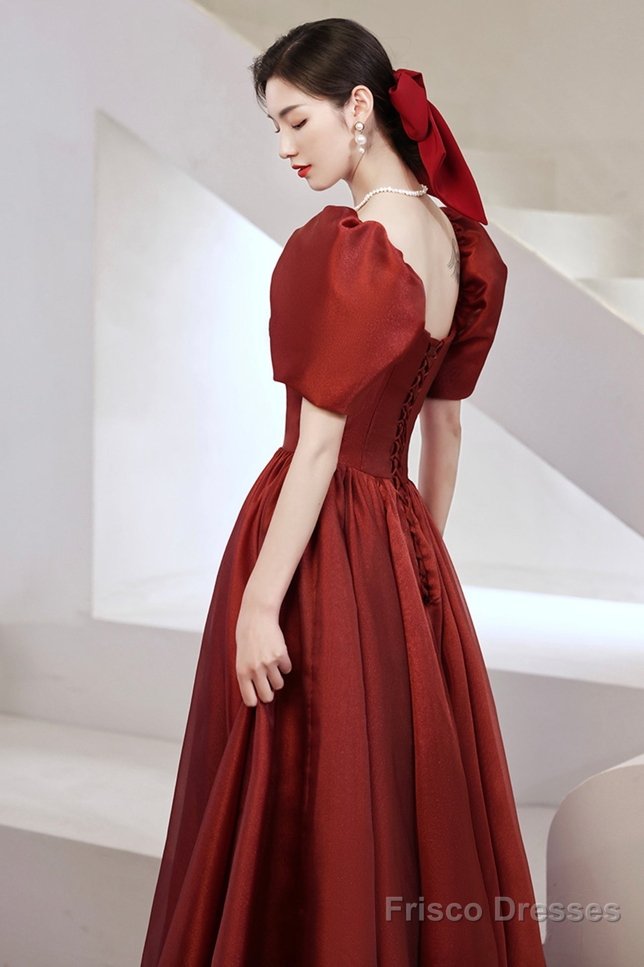 Burgundy Satin Long Prom Dresses, A-Line Short Sleeve Evening Dresses