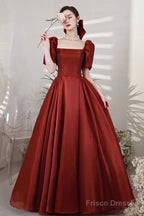 Burgundy Satin Long Prom Dresses, A-Line Short Sleeve Evening Dresses