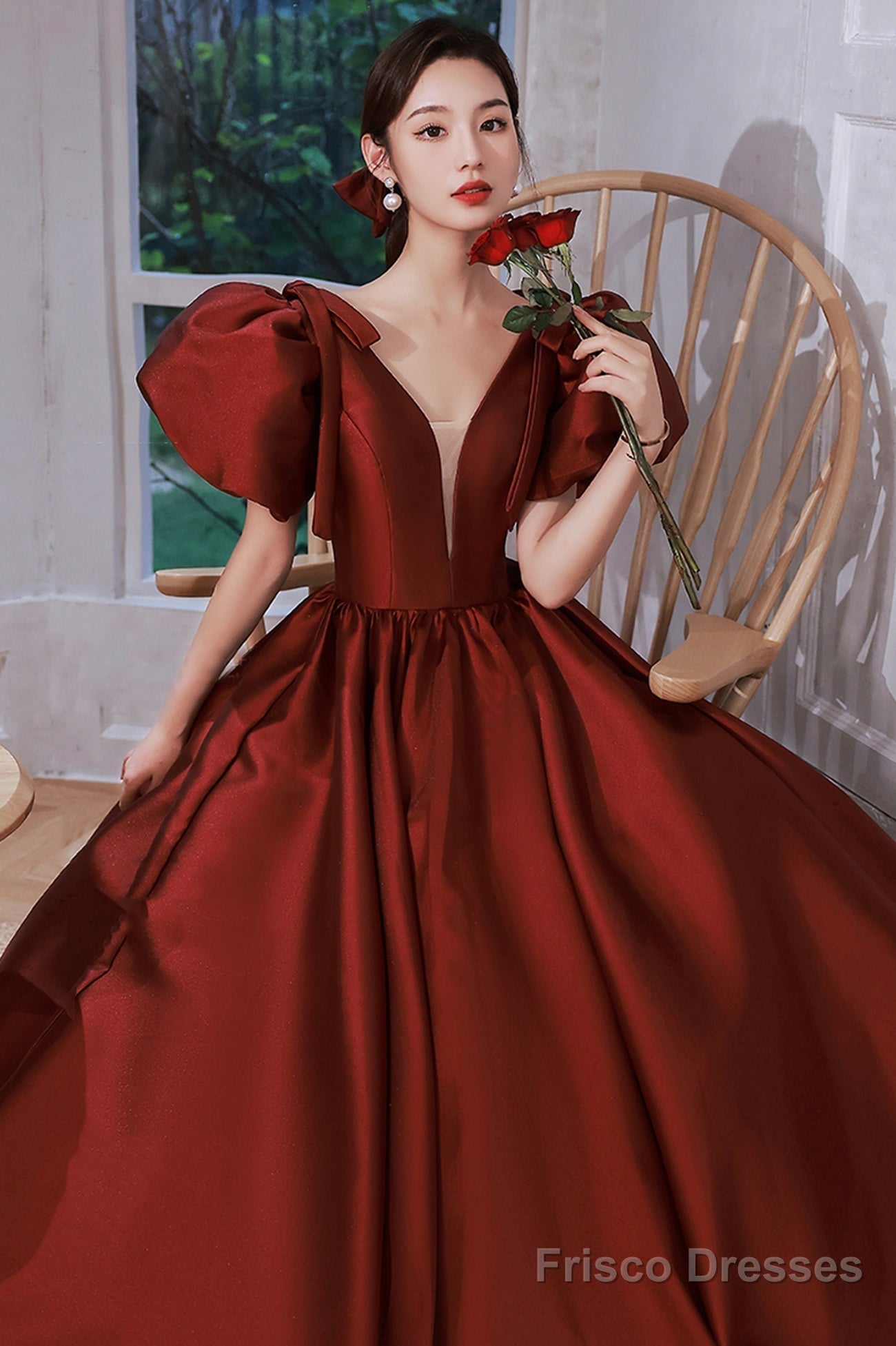Burgundy Satin Long Prom Dresses, Lovely Puff Sleeve Evening Gown Secondary image