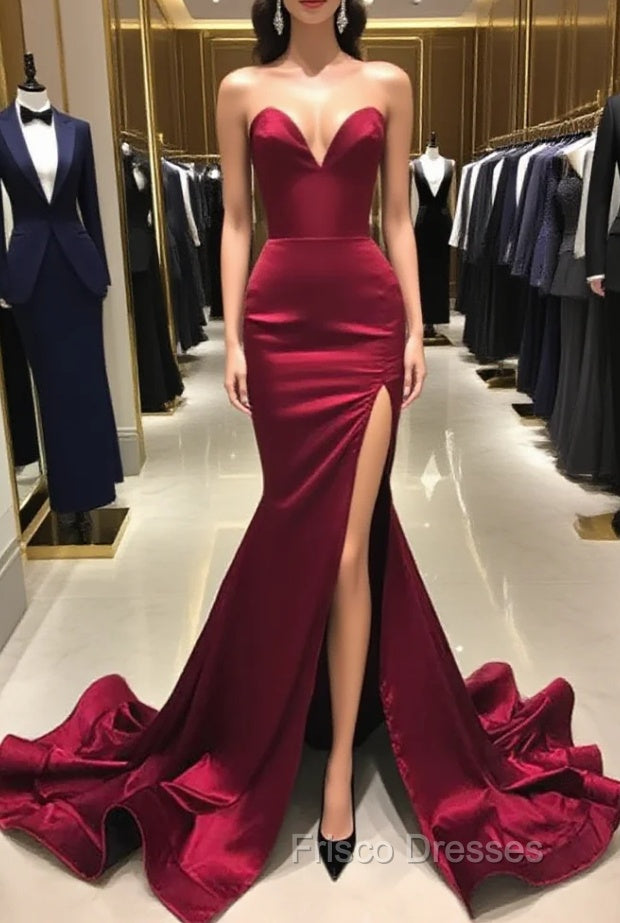 Burgundy Satin Mermaid Long Sweetheart Evening Dress Burgundy Formal Prom Dress Formal Prom Dress shops Main image