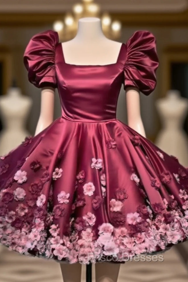 Burgundy Satin Mini Dress With 3D Flowers Main image