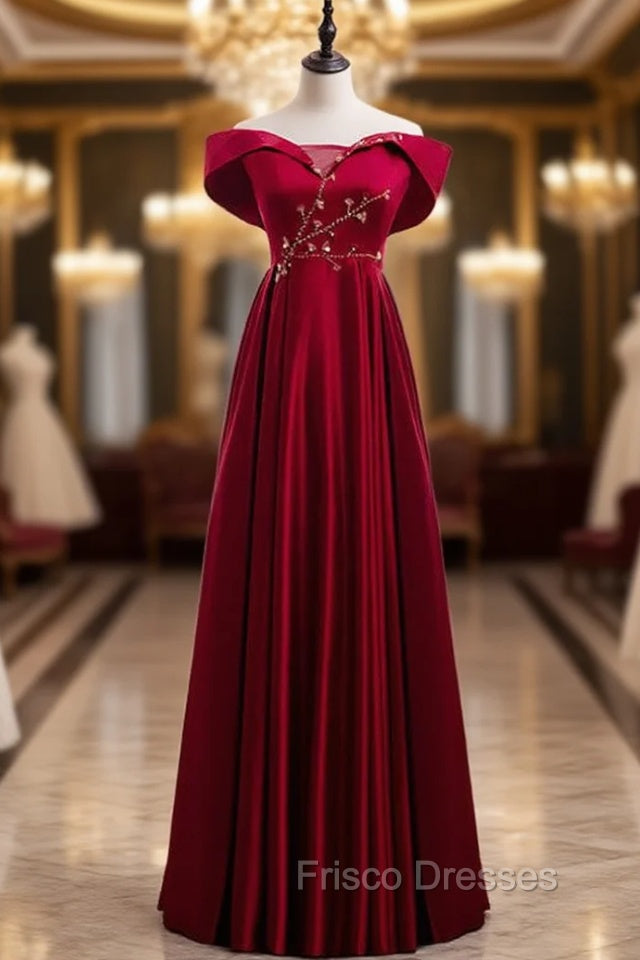 Burgundy Satin Off the Shoulder Appliques Beading Formal Prom Dress
