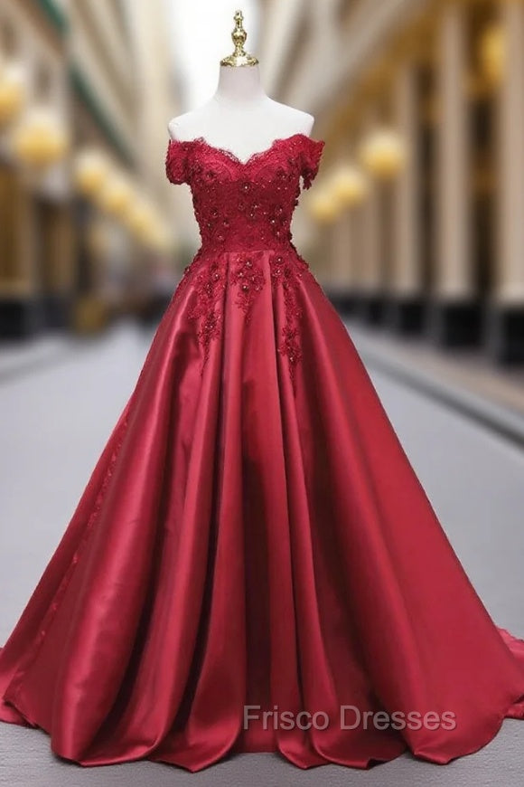 Burgundy Satin Off the Shoulder Appliques Formal Prom Dress