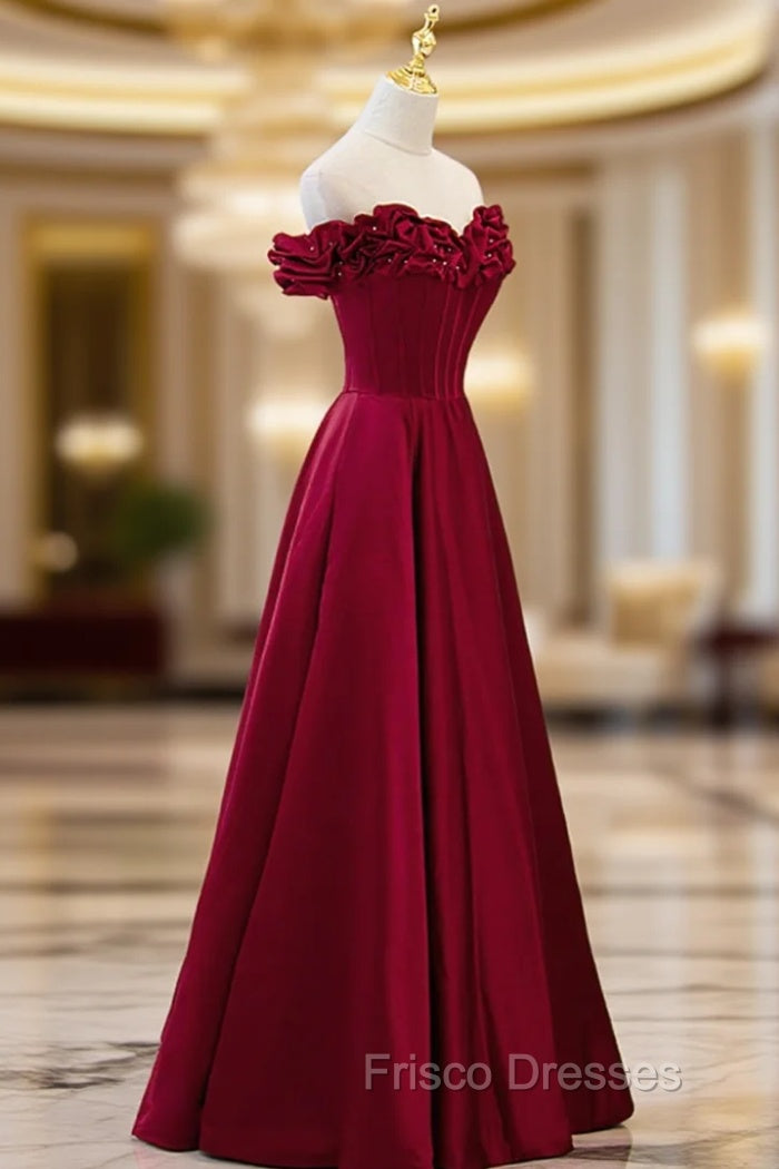 Burgundy Satin Off the Shoulder Beaded Long Formal Dress, Burgundy A-Line Formal Prom Dress Main image