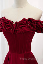 Burgundy Satin Off the Shoulder Beaded Long Formal Dress, Burgundy A-Line Formal Prom Dress
