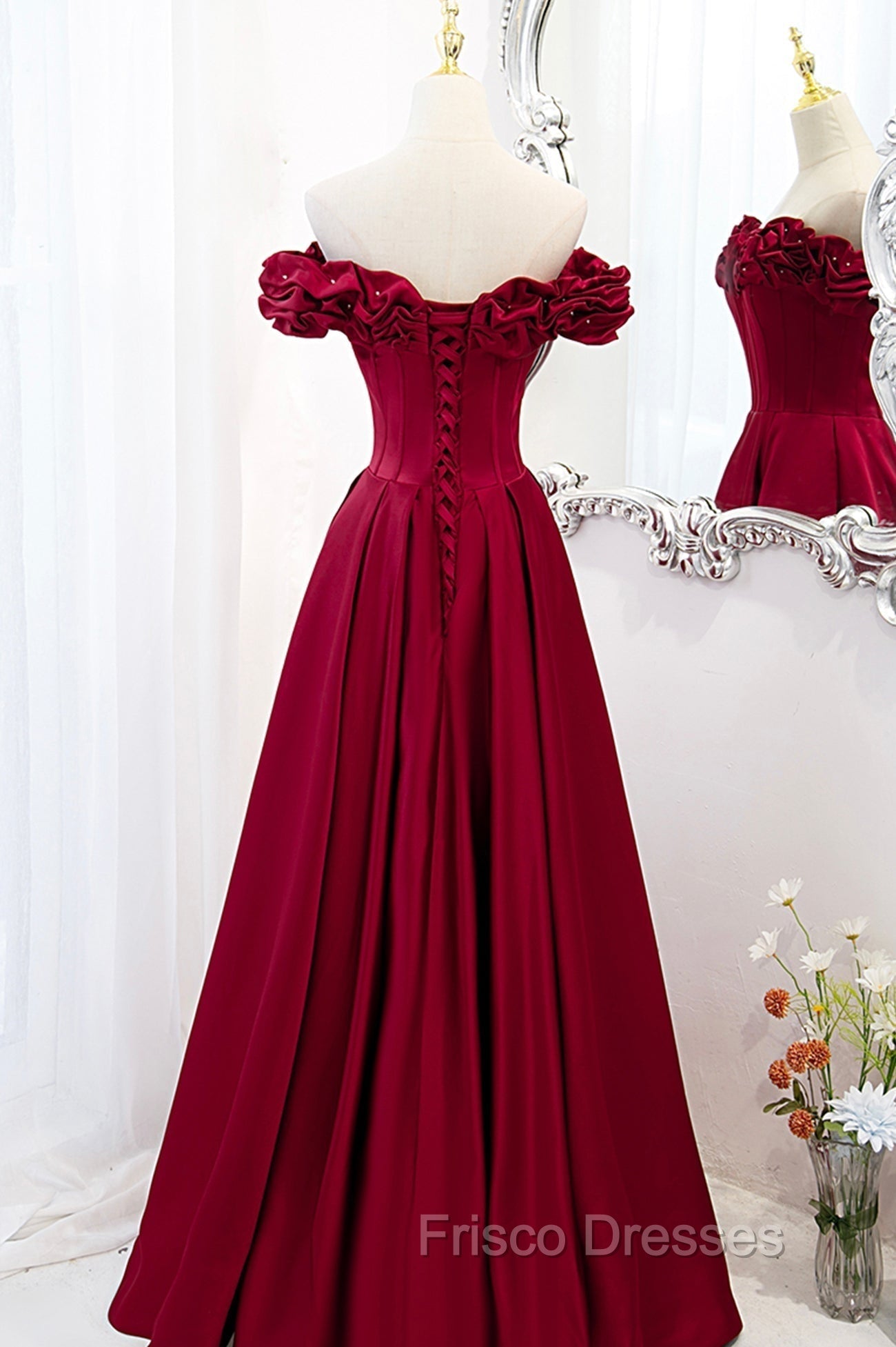 Burgundy Satin Off the Shoulder Beaded Long Formal Dress, Burgundy A-Line Formal Prom Dress