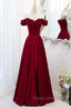 Burgundy Satin Off the Shoulder Beaded Long Formal Dress, Burgundy A-Line Formal Prom Dress
