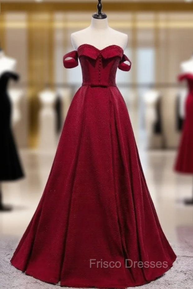 Burgundy Satin Off the Shoulder Beading Formal Prom Dress