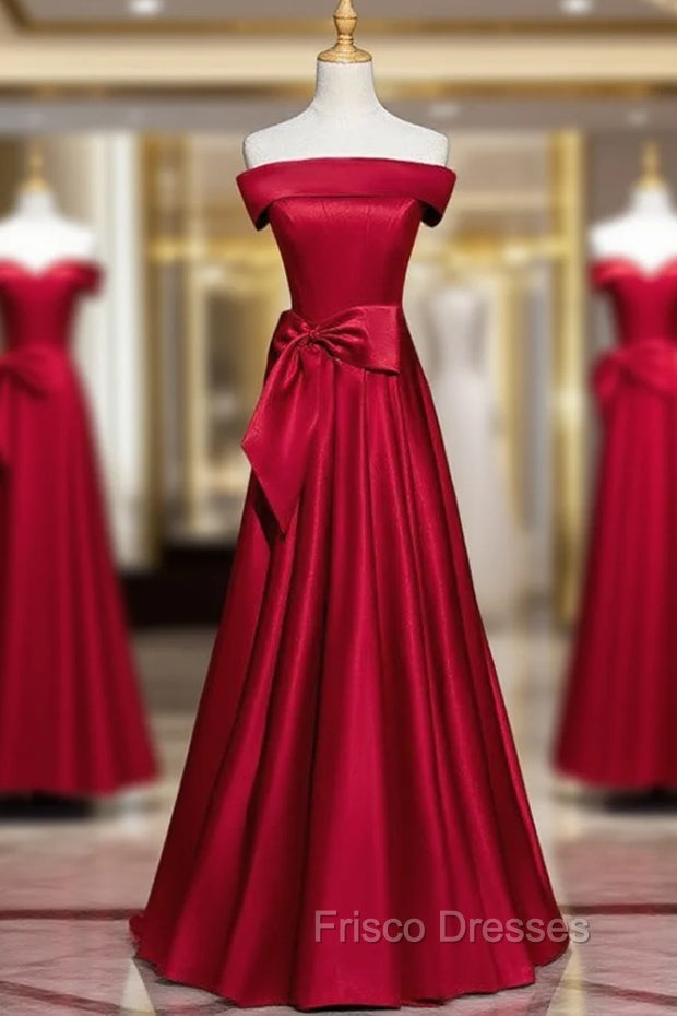 Burgundy Satin Off the Shoulder Bow Formal Prom Dress
