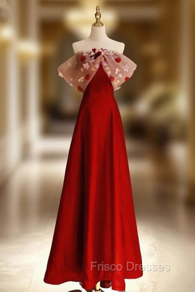 Burgundy Satin Off the Shoulder Flower Formal Prom Dress