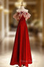 Burgundy Satin Off the Shoulder Flower Formal Prom Dress