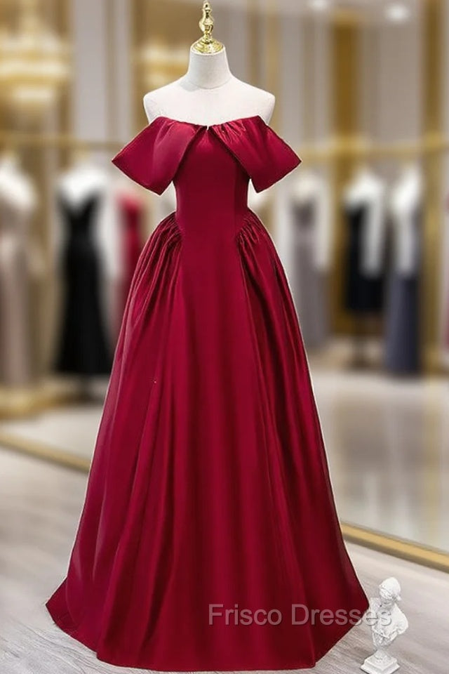Burgundy Satin Off the Shoulder Long Formal Prom Dress Main image