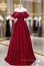 Burgundy Satin Off the Shoulder Long Formal Prom Dress