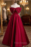 Burgundy Satin Off the Shoulder Pearls Bow Formal Prom Dress