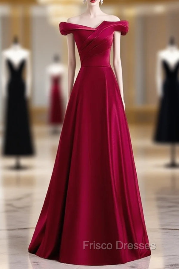 Burgundy Satin Off the Shoulder Pleats Long Formal Prom Dress Main image
