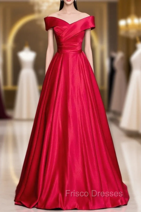 Burgundy Satin Off the Shoulder Pleats Formal Prom Dress