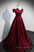 Burgundy Satin Off the Shoulder Formal Prom Dress, A-Line Evening Graduation Dress