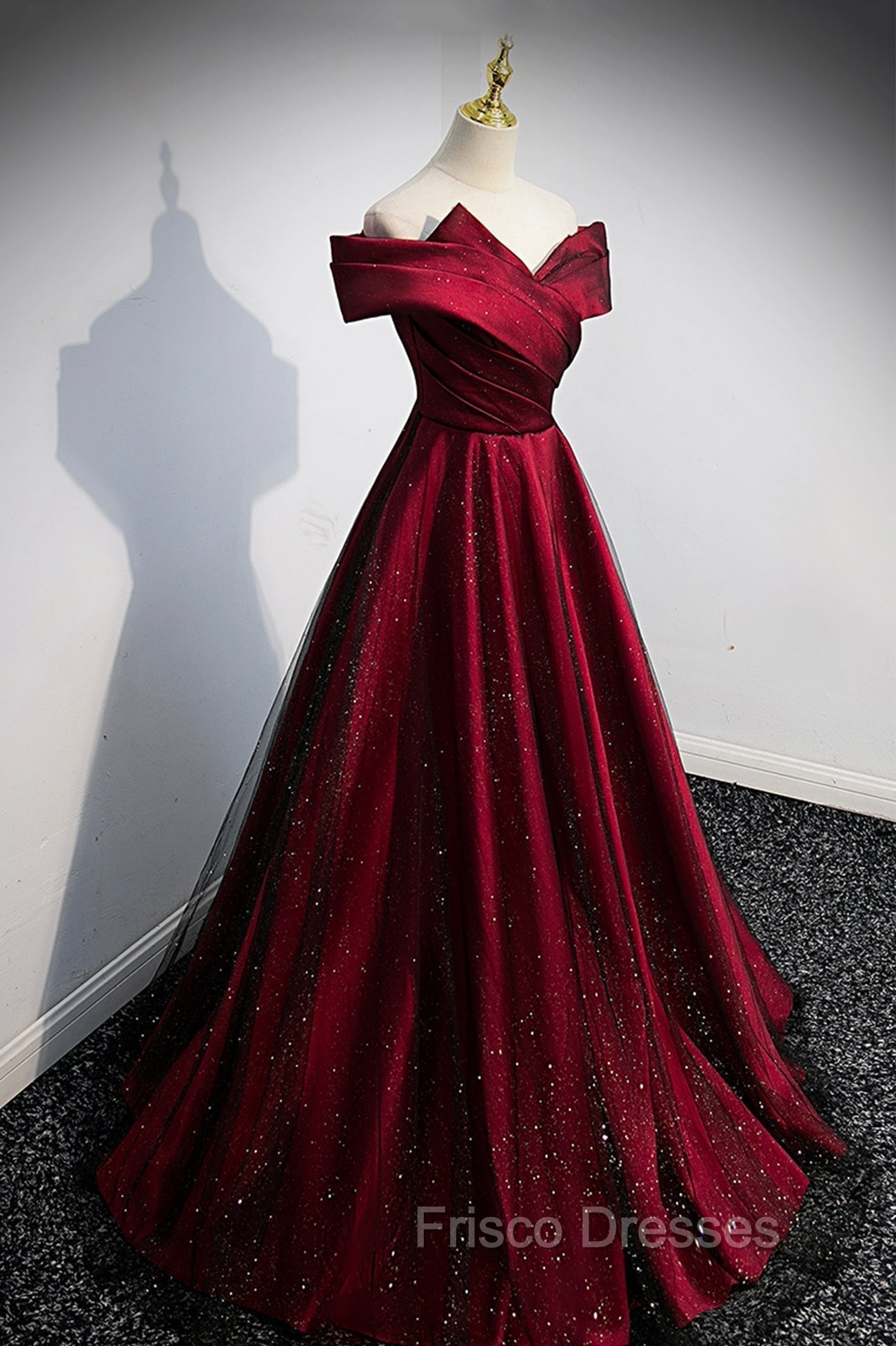 Burgundy Satin Off the Shoulder Formal Prom Dress, A-Line Evening Graduation Dress