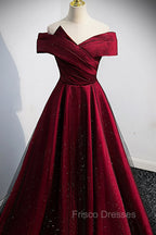Burgundy Satin Off the Shoulder Formal Prom Dress, A-Line Evening Graduation Dress