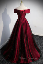 Burgundy Satin Off the Shoulder Formal Prom Dress, A-Line Evening Graduation Dress