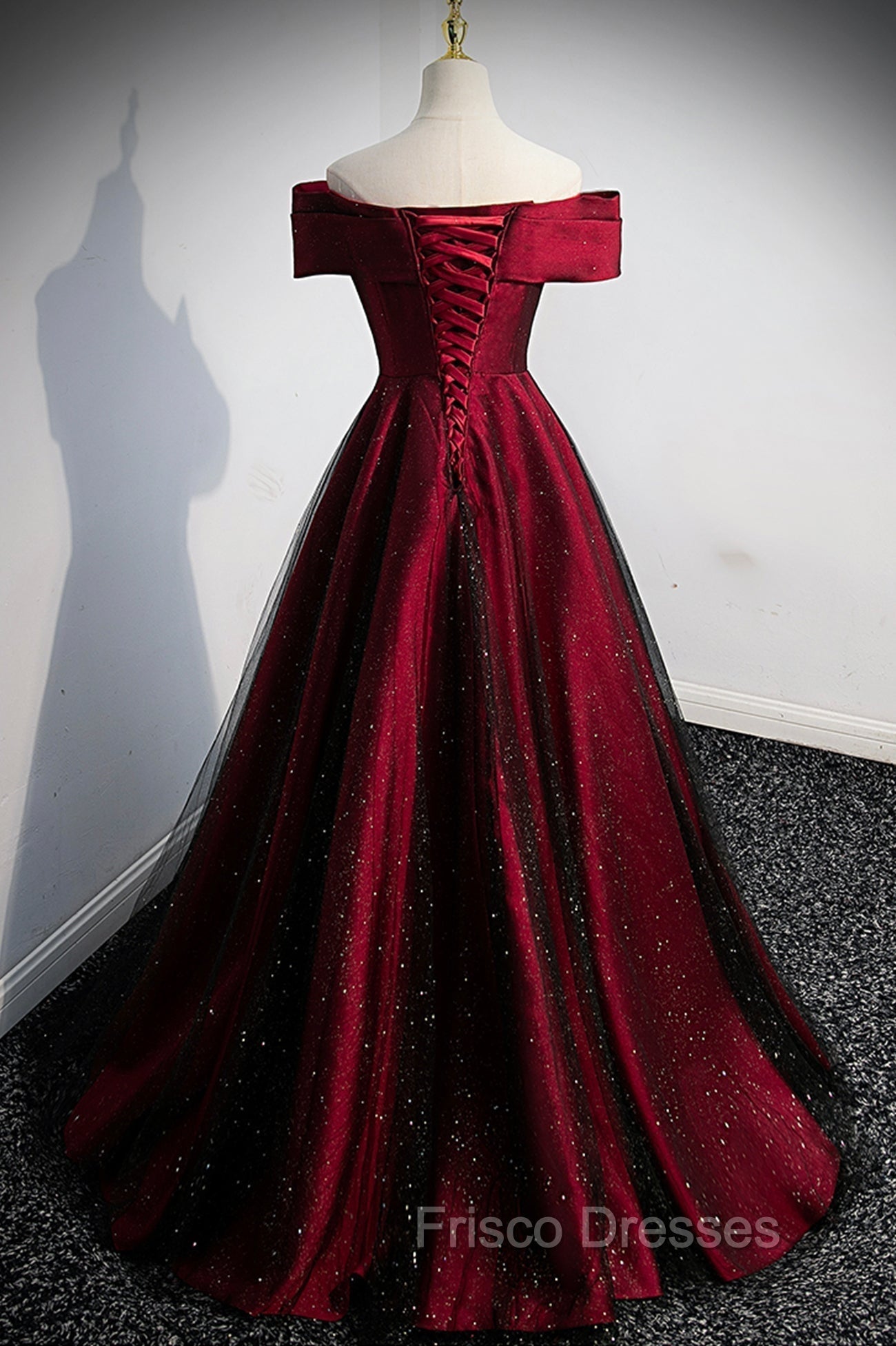 Burgundy Satin Off the Shoulder Formal Prom Dress, A-Line Evening Graduation Dress