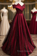 Burgundy Satin Off the Shoulder Formal Prom Dress, A-Line Evening Graduation Dress
