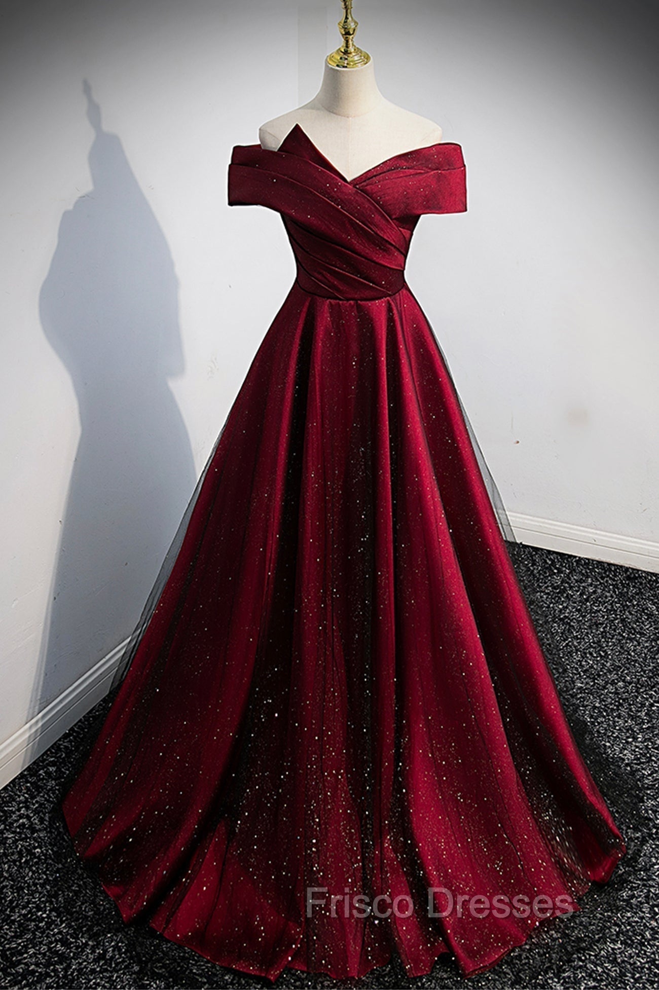 Burgundy Satin Off the Shoulder Formal Prom Dress, A-Line Evening Graduation Dress Main image