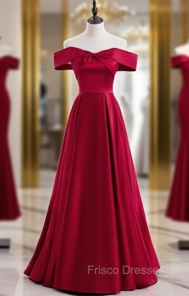 Burgundy Satin Off the Shoulder Formal Prom Dress Main image