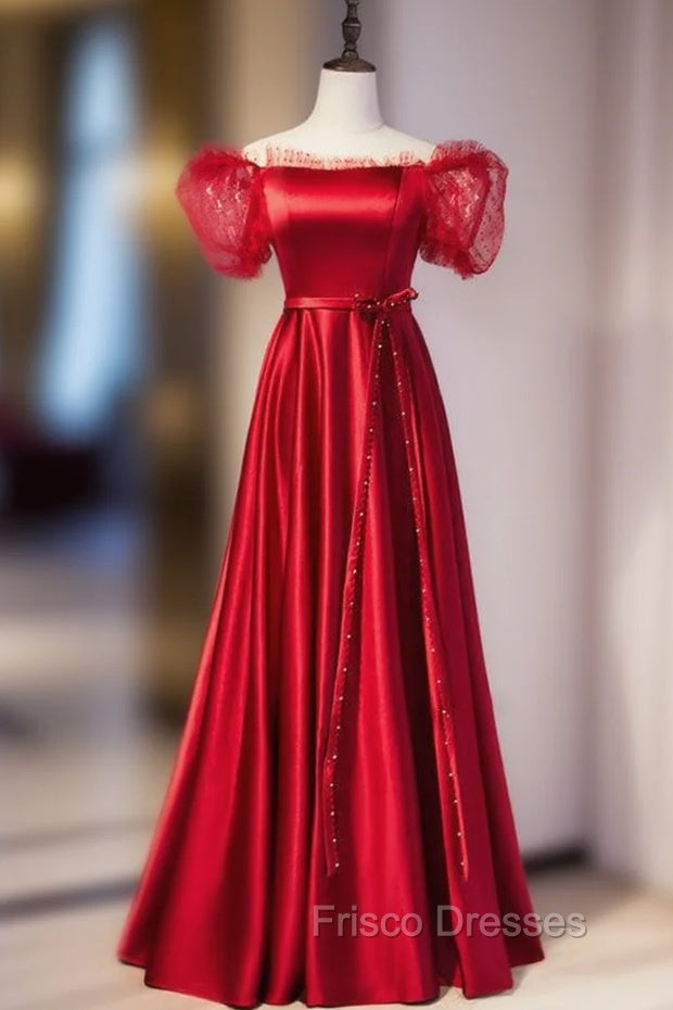Burgundy Satin Off the Shoulder Puff Sleeve Beading Formal Prom Dress Main image