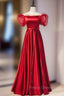 Burgundy Satin Off the Shoulder Puff Sleeve Beading Formal Prom Dress
