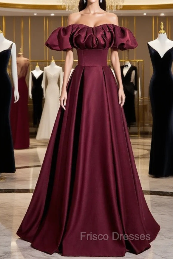 Burgundy Satin Off the Shoulder Puff Sleeve Pleats Formal Prom Dress