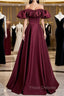 Burgundy Satin Off the Shoulder Puff Sleeve Pleats Formal Prom Dress