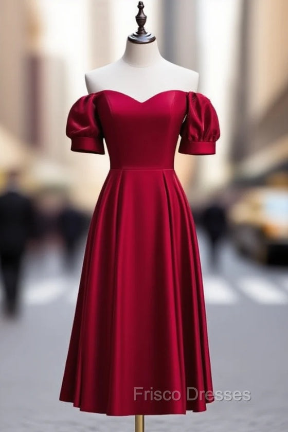 Burgundy Satin Off the Shoulder Puff Sleeve Formal Prom Dress