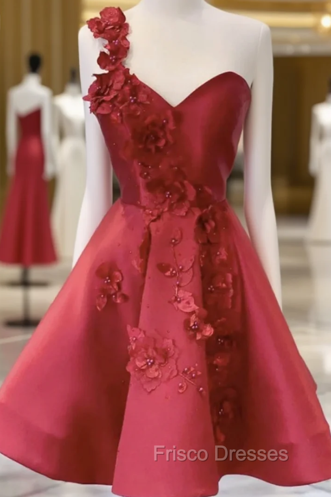 Burgundy Satin One Shoulder 3D Appliques Homecoming Dress Main image