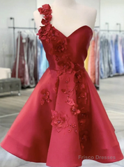 Burgundy Satin One Shoulder 3D Appliques Homecoming Dress