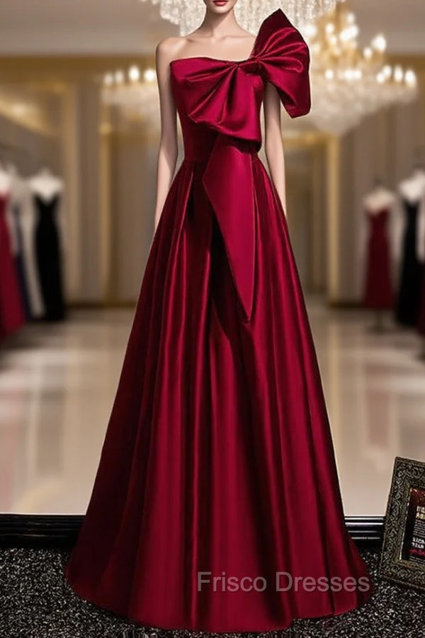 Burgundy Satin One Shoulder Bow Formal Prom Dress