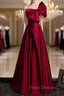 Burgundy Satin One Shoulder Bow Formal Prom Dress
