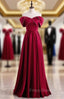 Burgundy Satin Pleats Off the Shoulder Pearls Formal Prom Dress