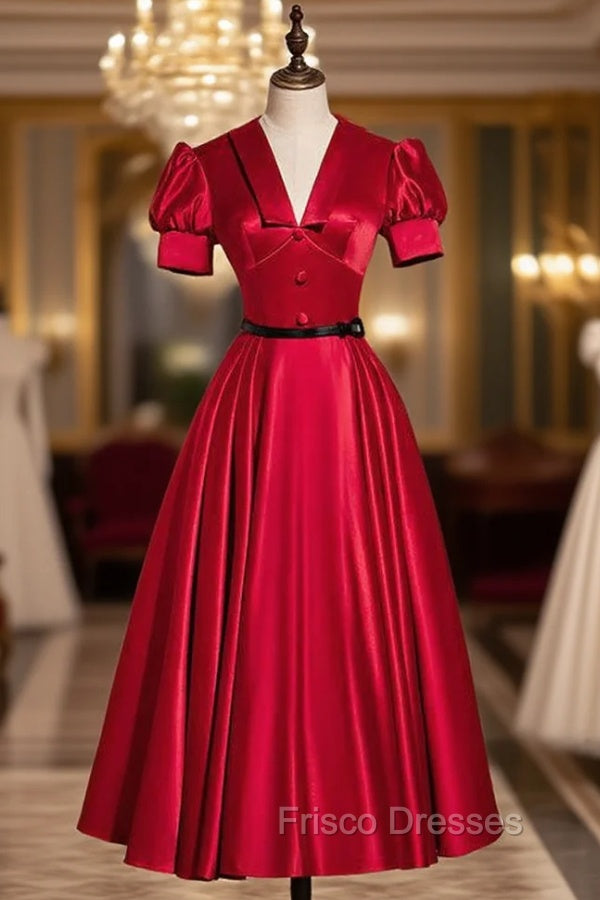 Burgundy Satin Puff Sleeve Backless Short Formal Prom Dress