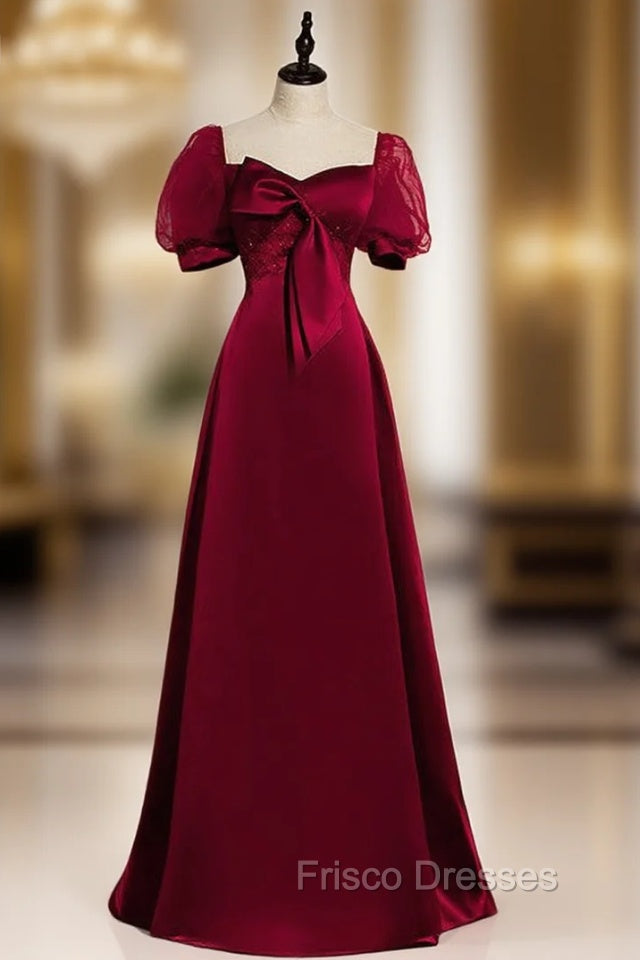 Burgundy Satin Puff Sleeve Beading Bow Formal Prom Dress