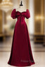 Burgundy Satin Puff Sleeve Beading Bow Formal Prom Dress