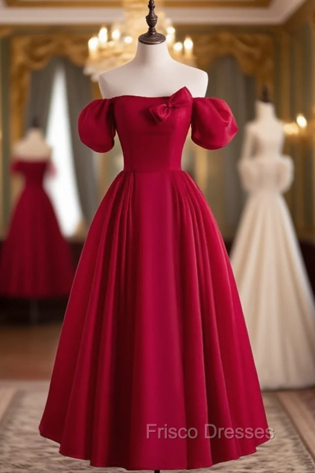 Burgundy Satin Puff Sleeve Bow Formal Prom Dress