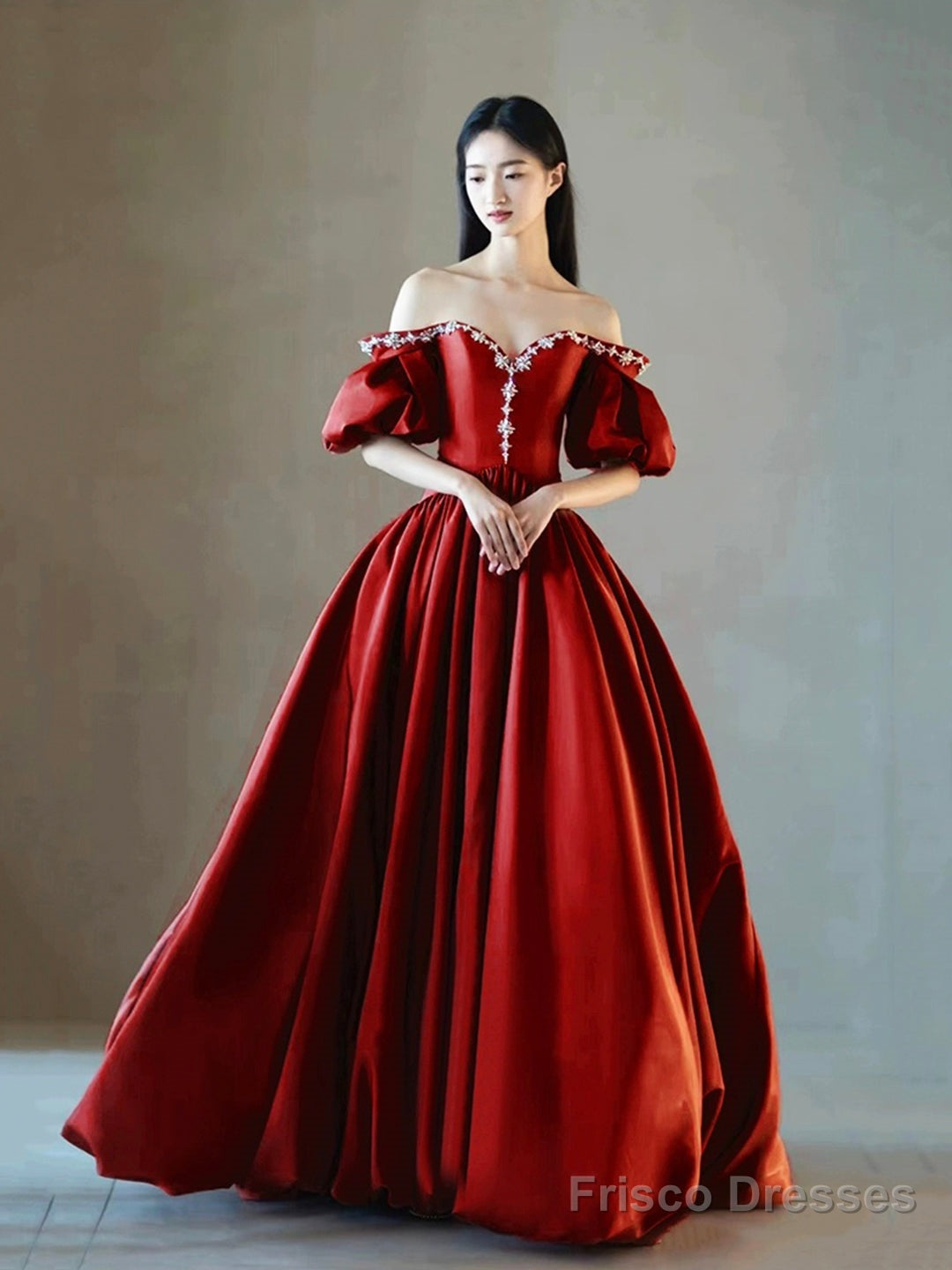 Burgundy Satin Rhinestone Floor Length Prom Dress, A-Line Off-The-Shoulder Princess Party Dress Main image