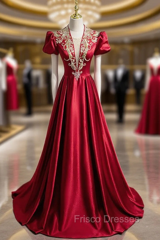 Burgundy Satin Sequins Beading Short Sleeve Formal Prom Dress