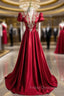 Burgundy Satin Sequins Beading Short Sleeve Formal Prom Dress
