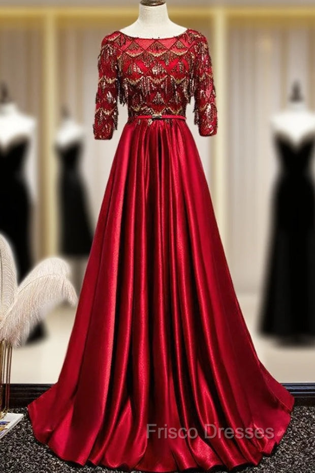 Burgundy Satin Sequins Short Sleeve Formal Prom Dress Main image